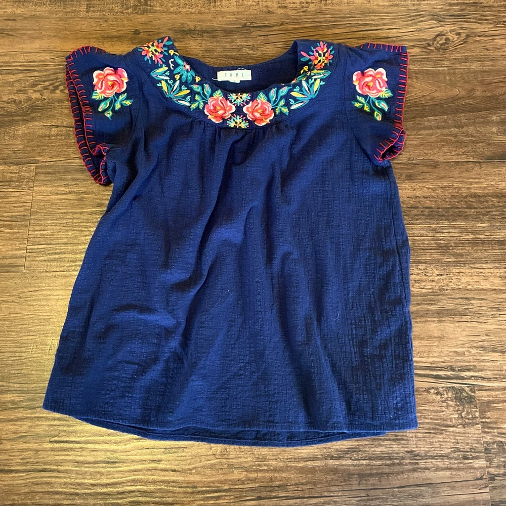 THML Navy Top with floral embroidery